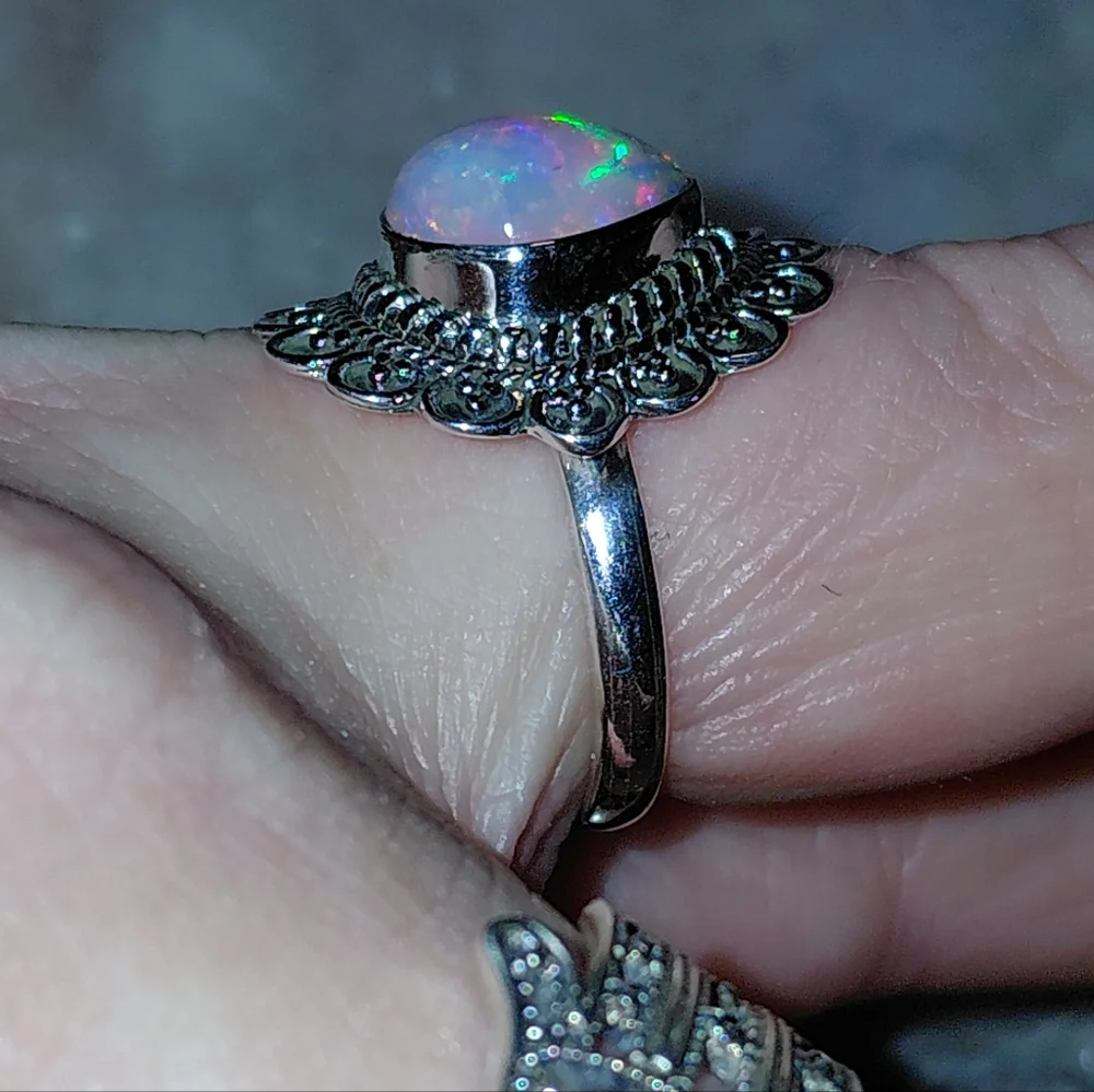 Vintage Style Ethiopian Opal Silver Ring Size 8.25